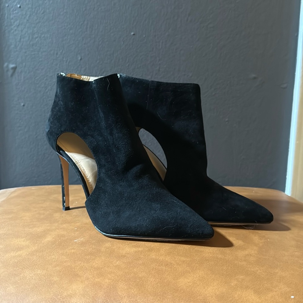 Beautiful suede booties with open sides. New in box!